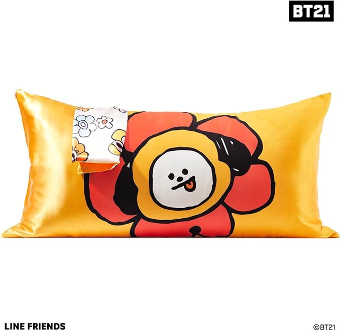 Kitsch x BT21 Satin Pillowcase with Zipper – Better Than Silk Pillowcase, Chimmy Character & Funky Floral Print – Soft Cooling Toddler Bed Time Pillow Case for Hair & Skin – King Size 19x36