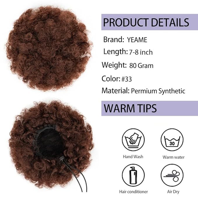 YEAME Afro Puff Drawstring Ponytail for Black Women, Short Kinky Curly Afro Ponytail Synthetic Hair Puffs, Premium Auburn Brown Afro Bun Drawstring Ponytail for Women Girls (33 Auburn Brown)