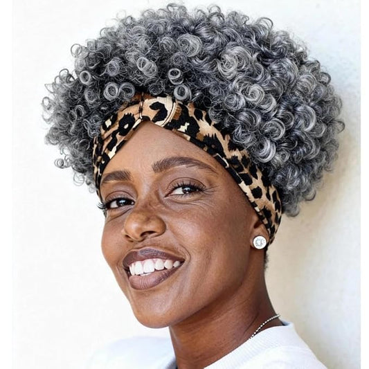 Short Curly Wigs with Headbands Attached for Black Women Synthitic Kinky Curly Afro Puff No Drawstring Ponytail Wig Headwrap Hairstyles With 2 Clips(T1B/Grey)
