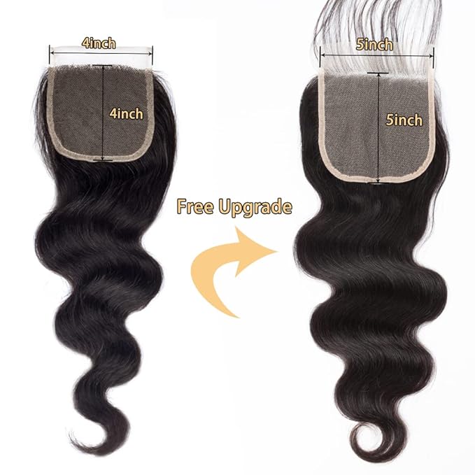 12A Body Wave 3 Bundles with 5×5 HD Lace Closure (18 20 22+16") 100% Unprocessed Brazilian Virgin Body Wave Human Hair Weave Bundles with Closure Natural Color