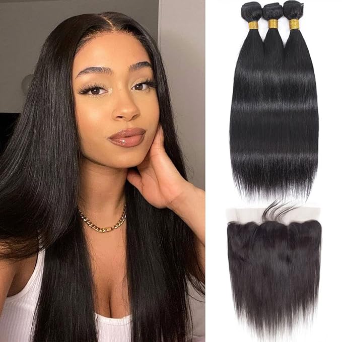 Brazilian Virgin Straight Human Hair 3 Bundles with Frontal 13x4 Ear to Ear Lace Frontal 100% Unprocessed Brazilian Remy Virgin Human Hair Straight Bundles with Frontal For Black Women(24 26 28+22)