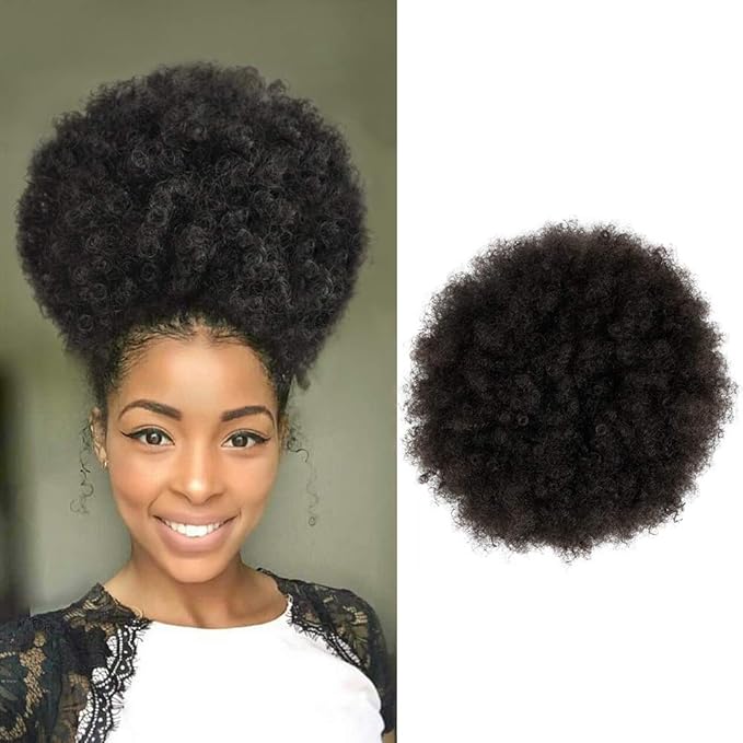 GLAM21USA Afro Puff Drawstring Ponytail Retro Kinky Curly Ponytail Wig Clip in Bun Hair Piece for Black Women Synthetic Hair Extension (LARGE, 1B (Off Black))