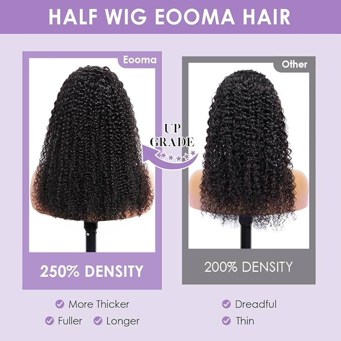 Eooma Half Wig Human Hair 220 Density Kinky Curly half wig Upgrade 3 IN 1 Drawstring Seamless Flip Glueless Wigs for Women Invisible Hairline Beginner Friendly Headband Wig 20 Inch