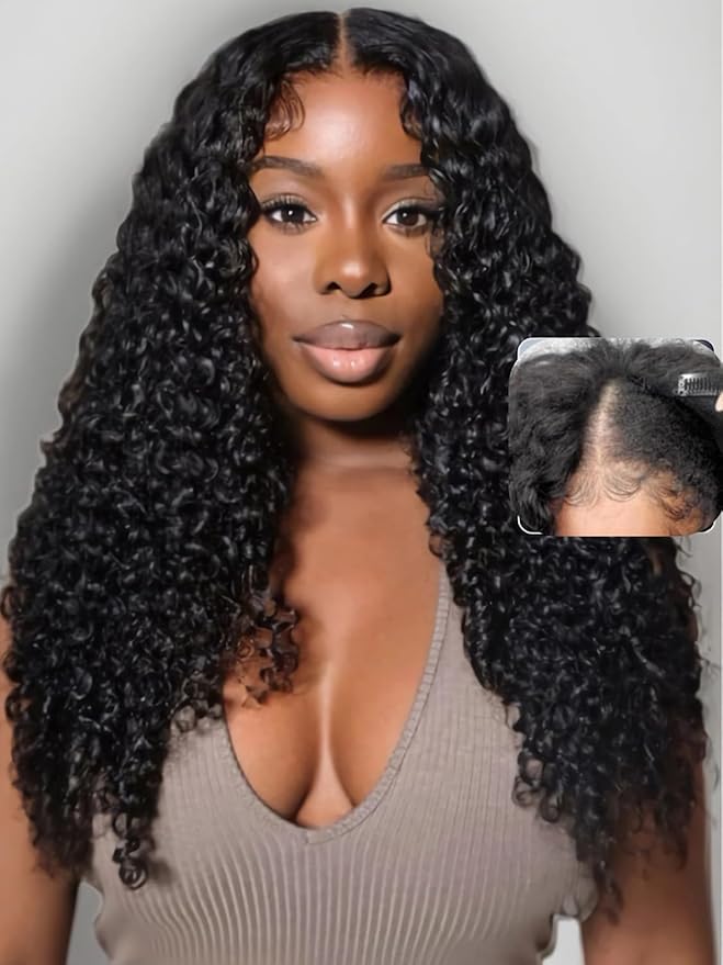 Julia Hair EasiContour 12A V Part Jerry Curly Glueless Wigs Human Hair Clip in Half Wig No Leave Out Vpart Wig Upgrade U Part Human Hair Wig for Women No Glue Beginner Friendly Natural Color 24 Inch