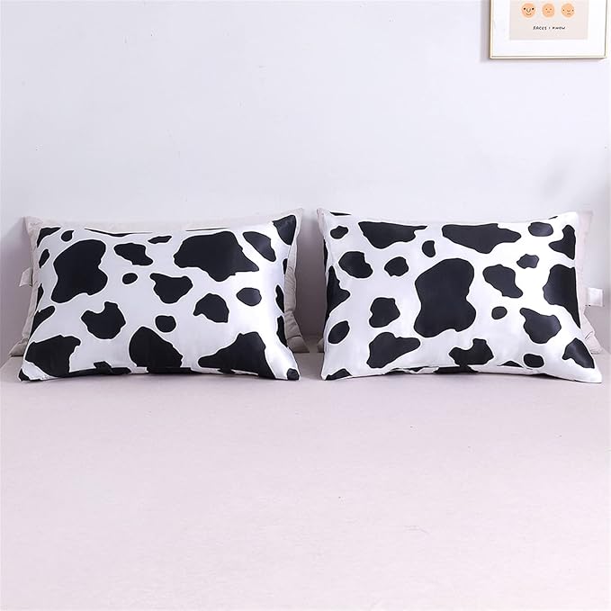 Satin Pillowcase for Hair and Skin Cow Print Silk Satin Pillowcase 2 Pack Standard Size Pillow Cases Set of 2 Cooling Silky Pillow Cover with Envelope Closure (20x26 inches, Cow)