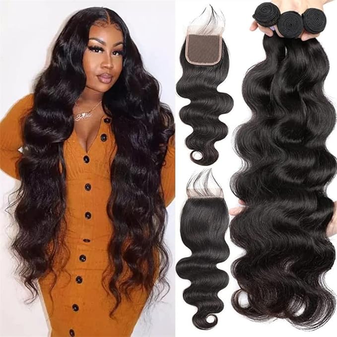 YISEA Brazilian Body Wave Bundles with Closure(16 18 20+14 Closure) Human Hair 3 Bundles with 4x4 Lace Closure Braziian Virgin Human Hair