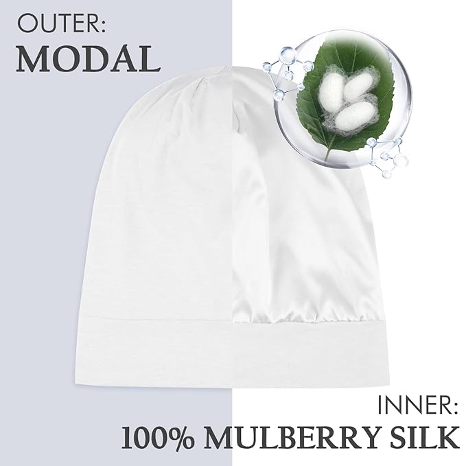 OLESILK Silk Bonnet for Sleeping Women: 100% Mulberry Silk for Frizz Free Curly, Adjustable Strap for Non Slip, Ivory
