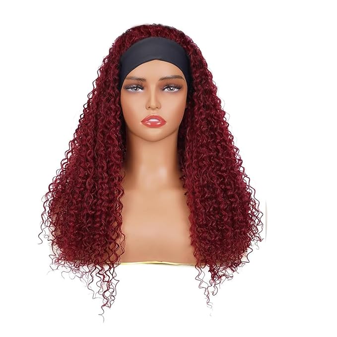 XSY Headband Wig Human Hair Kinky Curly 99J Burgundy Headband Wigs for Black Women Deep Curly Human Hair Wigs None Lace Front Wig 150% Density 14 Inch