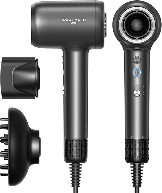 Hair Dryer, Wavytalk Turblow Pro Fast Drying Blow Dryer with Diffuser, High Speed Hair Dryer with 110,000 RPM, Pro Negative Ions for Reduces Damage, Frizz Smoothing, 3 Speeds & 3 Temps, Matte Grey