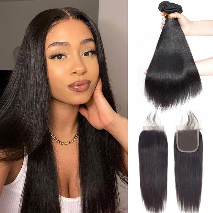 Brazilian Straight Hair 3 Bundles with 4x4 Lace Closure Free Part Double Weft 100% Unprocessed Virgin Remy Straight Human Hair Bundles with Closure for Black Women (12 14 16+12'' Closure)…