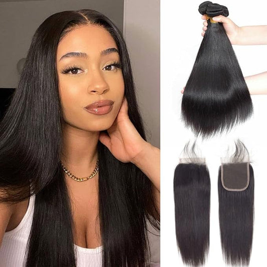 Brazilian Straight Hair 3 Bundles with 4x4 Lace Closure Free Part Double Weft 100% Unprocessed Virgin Remy Straight Human Hair Bundles with Closure for Black Women (12 14 16+12'' Closure)…