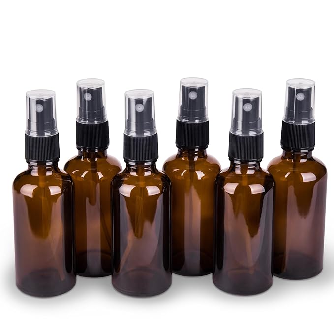 6 Pack Amber Glass Spray Bottles for Essential Oils, 2oz Small Fine Mist Travel Empty Spray Bottle for Hair and Plants