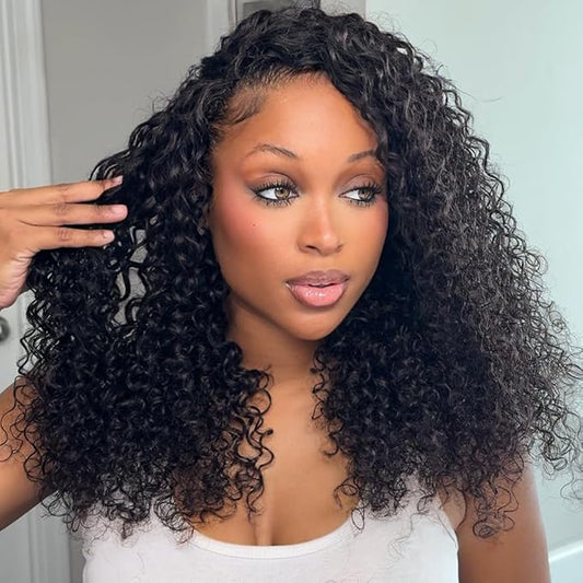 Half Wig Human Hair Water Wave 20 Inch Wear Go Glueless Wigs 3 In 1 Curly Half Wig Human Hair 200 Density Wet and Wavy Drawstring Seamless Flip Over Wigs for Black Women Beginner Friendly