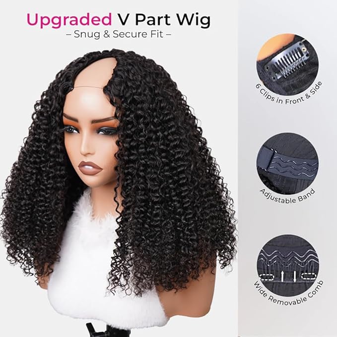 ISEE V Part Human Hair Kinky Curly Minimal/No Leave Out Upgrade U Part Wig for Black Women V Shape Kinky Curly Thin Part Glueless Clip In Half Wig 180% Density Natural Color 22 Inch