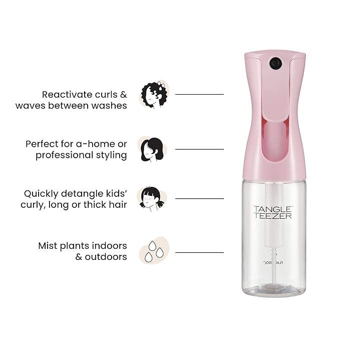 TANGLE TEEZER Travel-Size Fine Mist Continuous Spray Bottle, Reusable and Refillable, for Hair Detangling and Styling, 6.1 oz, Millennial Pink