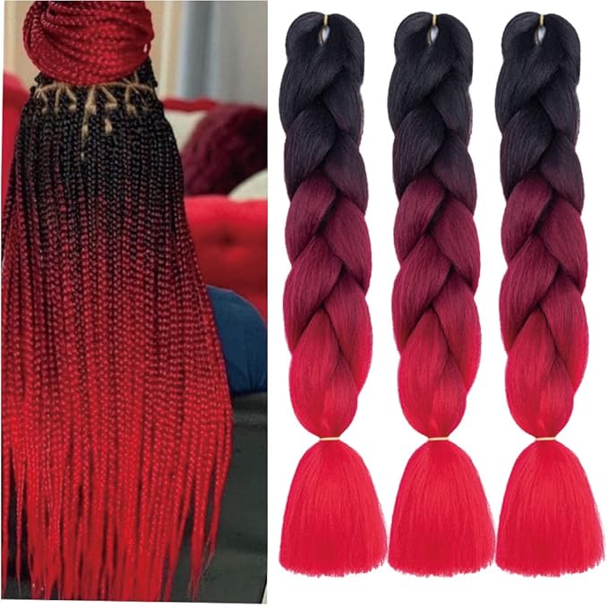 Xiaofeng Braiding Hair Extensions for Women 3 Packs 100g/Pack 24Inch High Temperature Ombre Jumbo Synthetic Braiding Hair for Twist Crochet Braids (24 Inch (Pack of 3), black-wine red-red)