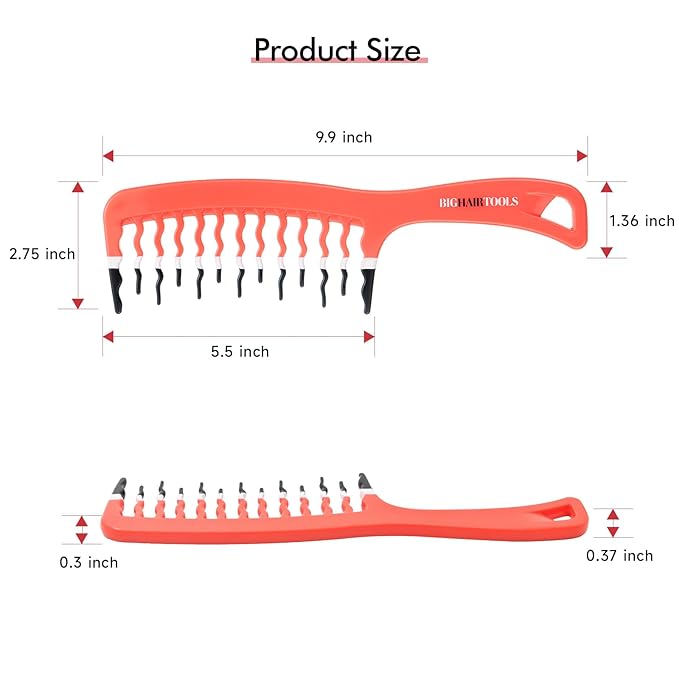 Big Hair Tools Extra Large Wide Tooth Comb for Thick, Curly, Wavy or Long Hair - Frizz-Free Detangling Shower Comb - Big Hair Comb and 2 Dent Free Clips