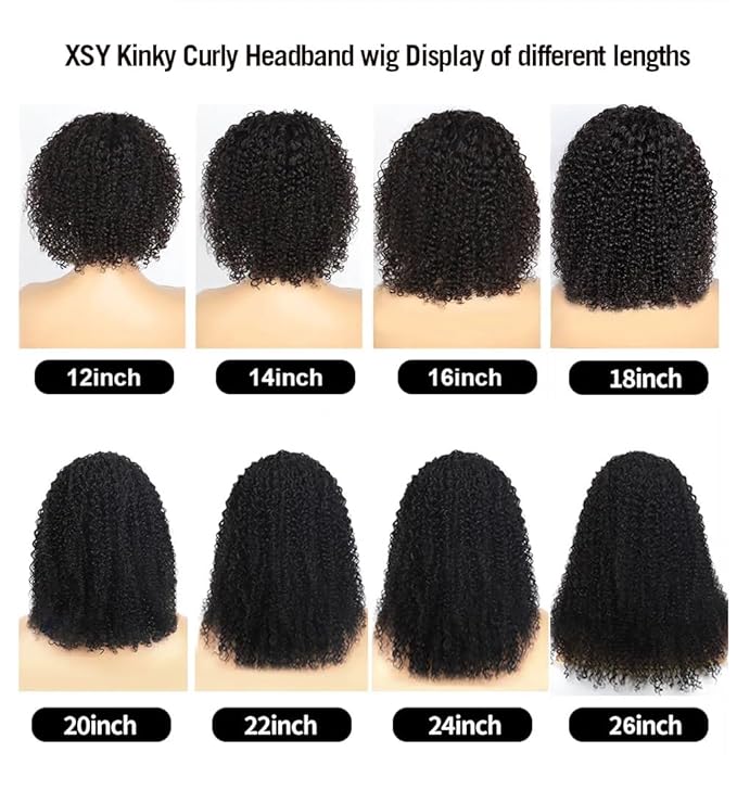 XSY Headband Wig Human Hair Kinky 28 Inch Brazilian Virgin Headband Wigs for Black Women 150% Density Natural Color