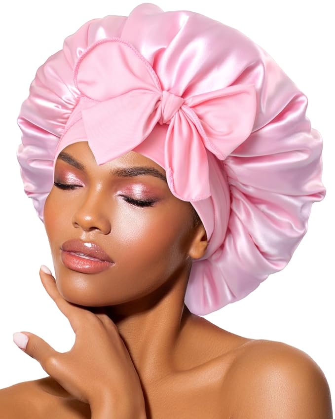 BONNET QUEEN Silk Bonnet for Sleeping Women Satin Bonnet Night Sleep Cap Wrap for Curly Hair with Adjustable Tie Band,Pink