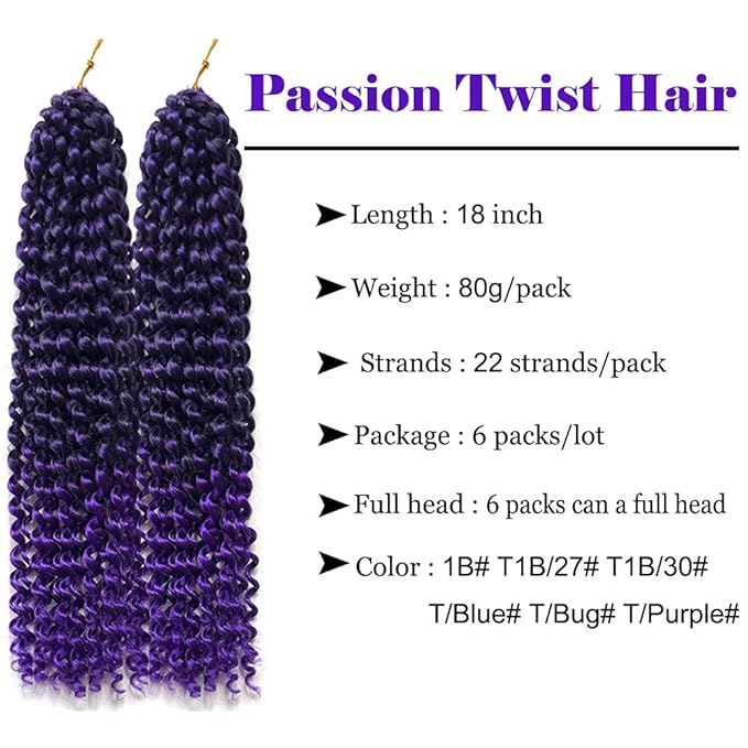 6 Packs Passion Twists Hair 18inch Ombre Purple Water Wave Crochet Hair for Butterfly Soft Locs Synthetic Crochet Hair Passion Twist Long Bohemian Locs Braiding Hair Extensions (T1B/Purple#)