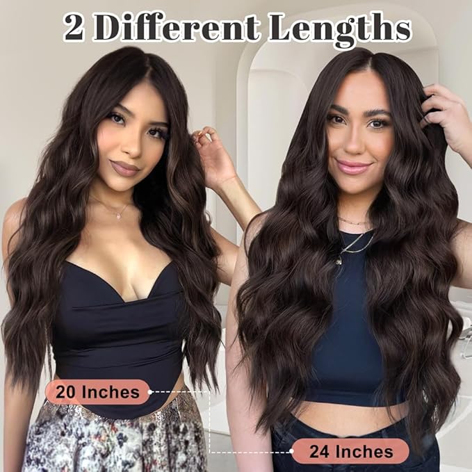 ALXNAN Clip in Long Wavy Synthetic Hair Extension 16 Inch Dark Brown 4PCS Thick Hairpieces Fiber Double Weft Hair for Women