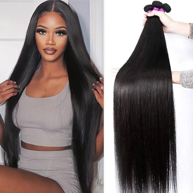 24 26 28 30 InchStraight Bundles Human Hair, 100% Unprocessed Brazilian Virgin Hair, Straight Bundles, Natural Black, Wet And Wavy Bundles - 4 Pack, Style Keep Texture Silky Soft, Hair Extension