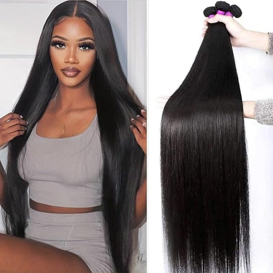 24 26 28 30 InchStraight Bundles Human Hair, 100% Unprocessed Brazilian Virgin Hair, Straight Bundles, Natural Black, Wet And Wavy Bundles - 4 Pack, Style Keep Texture Silky Soft, Hair Extension