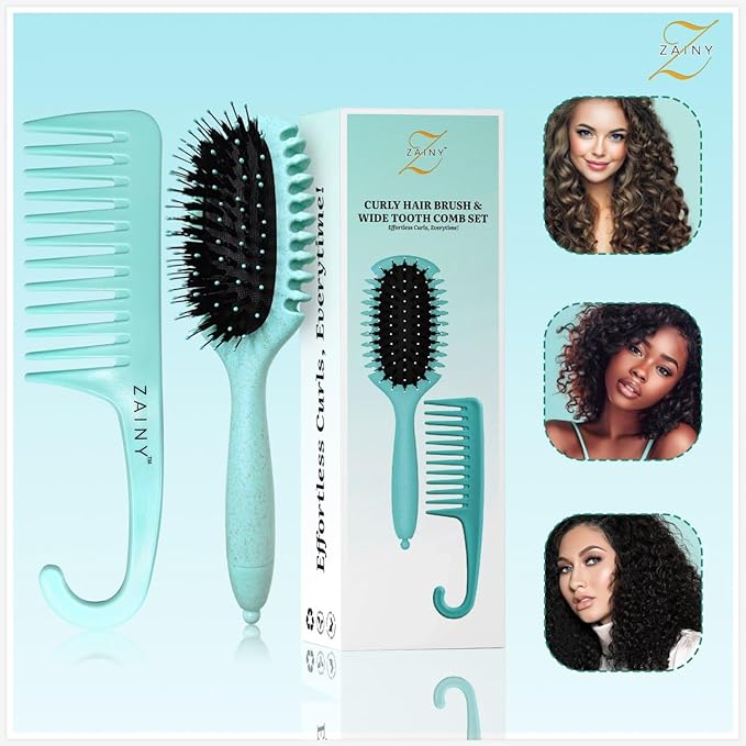 ZAINY Curl Defining Brush 2PC Set, Wide Tooth Comb for Curls, Curly Hair Brush for Women, Wet Detangler Wavy Hairbrush & Shower Detangling Curl Comb & Define Curl Brush for Kids, Girls, Toddlers & Men