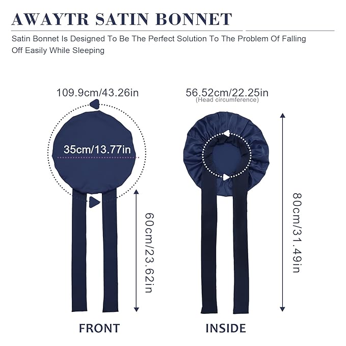 Satin Hair Bonnet Wide Band - Silk Like Sleeping Bonnets for Curly Hair Hair Wrap for Night Cap with Tie Band Breathable Satin Bonnet for Women and Girls (Navy)