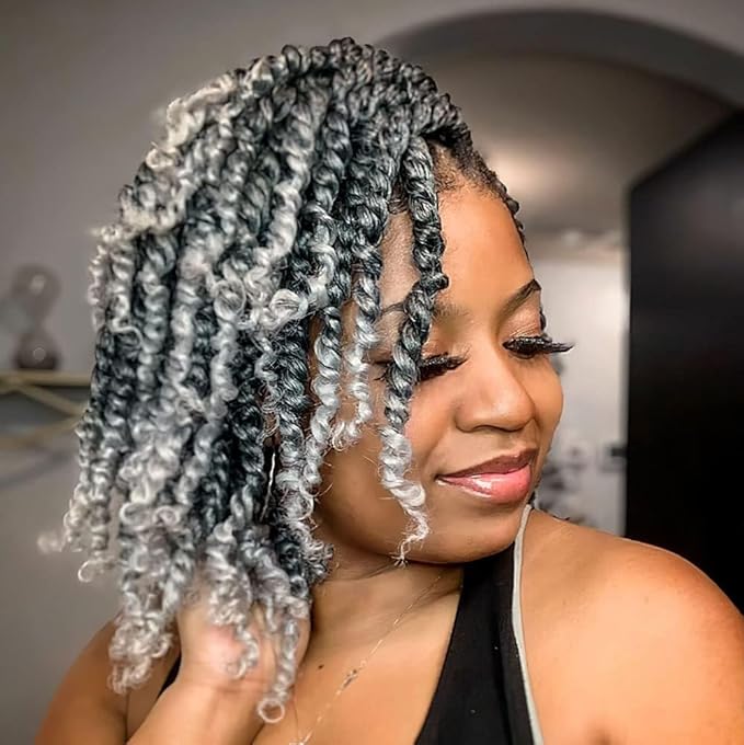 6 Inch 8 Packs Pretwisted Pre Looped Passion Twist Crochet Hair for Black Women and Kids-Ombre Grey to Blonde Off-white,3 Tones Synthetic Braided Hair Extensions(6 Inch-8 Packs,Gray/27/613)