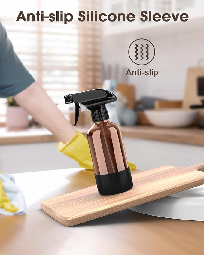 Glass Spray Bottle with Silicone Sleeve Protection, Amber Glass Spray Bottle Set for Window Cleaner Aromatherapy Facial Hydration Watering Flowers Hair Care 2 Pack/8 oz (Black)
