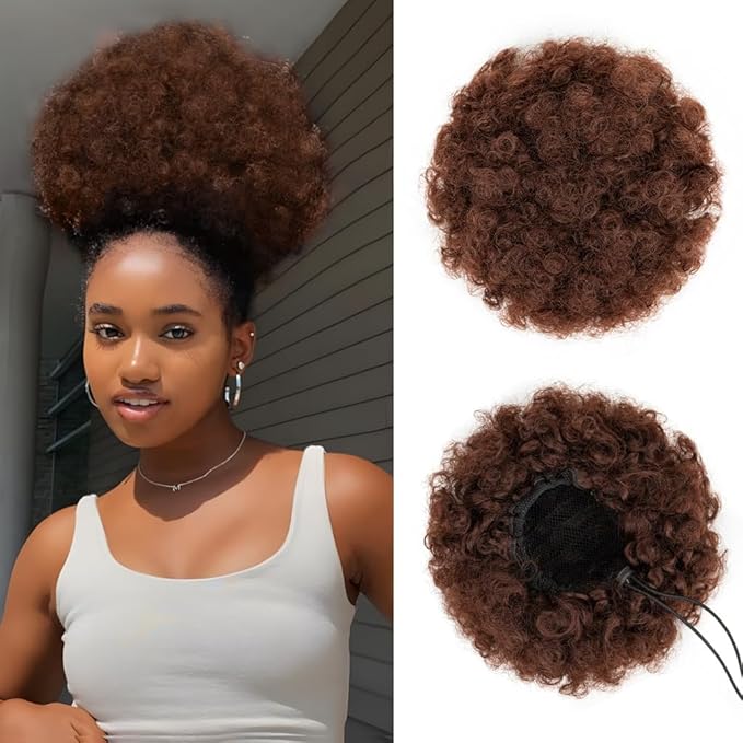 YEAME Afro Puff Drawstring Ponytail for Black Women, Short Kinky Curly Afro Ponytail Synthetic Hair Puffs, Premium Auburn Brown Afro Bun Drawstring Ponytail for Women Girls (33 Auburn Brown)
