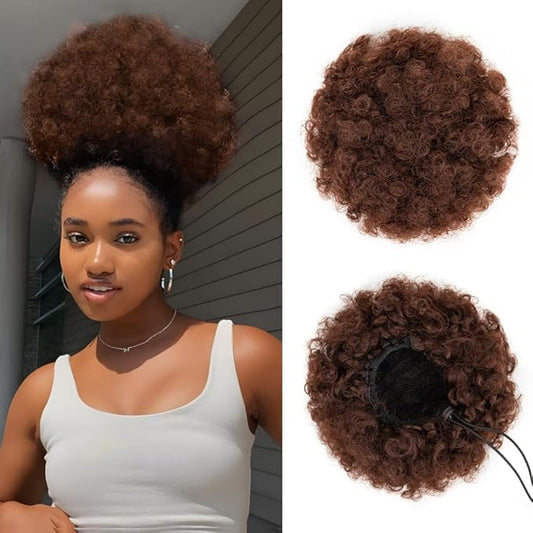 YEAME Afro Puff Drawstring Ponytail for Black Women, Short Kinky Curly Afro Ponytail Synthetic Hair Puffs, Premium Auburn Brown Afro Bun Drawstring Ponytail for Women Girls (33 Auburn Brown)