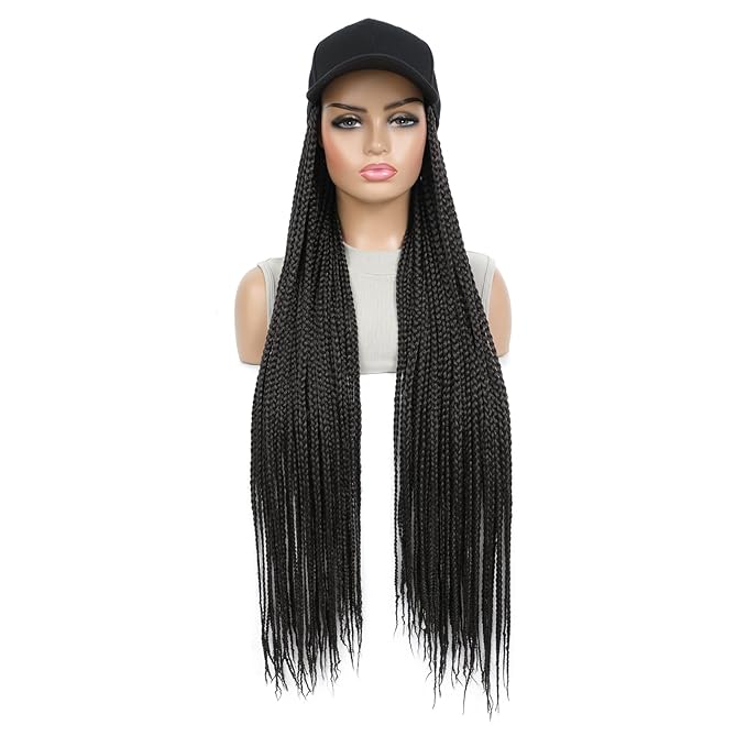 Braided Baseball Cap Wig Box Braid Hair Extensions with Hat Natural Black Color Cap Wig with 30inch Long Synthetic Braiding Hair for Women (30in-natural black)