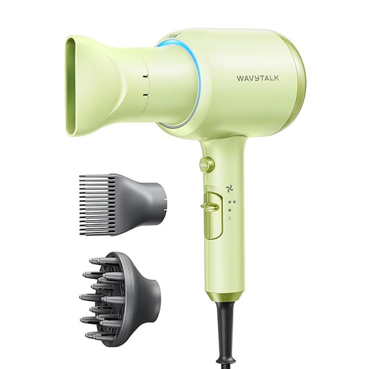 Wavytalk Hair Dryer with Diffuser, Blown Away Ionic Hair Dryer for Curly Hair with Comb, 1875W Fast Drying Blow Dryer with Ceramic Technology, 3 Attachments for All Hair Types, Light and Quiet, Green