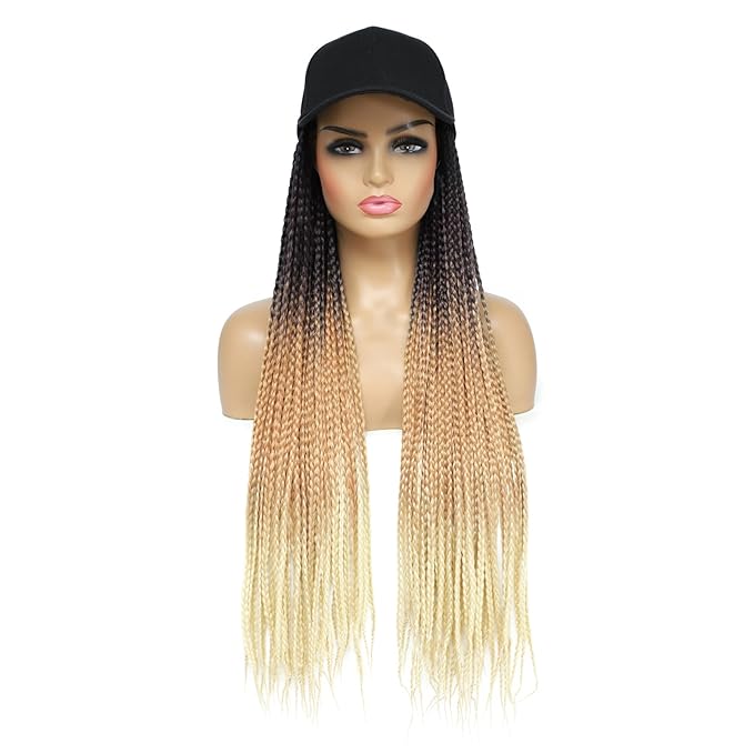 Hat Wig for Women Baseball Cap with Braided Hair Attached 24inch long Synthetic Box Braid Wig Hat Adjustable Cap with ombre black brown blonde Braids for Daily Outdoor Use (B-1B/27/613)
