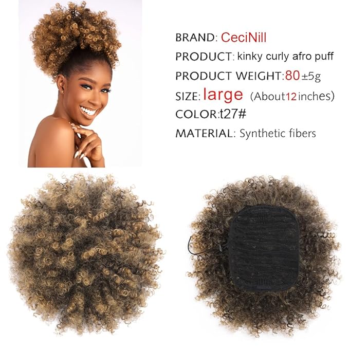 Afro Puff kinky curly Drawstring Ponytail Extension for Black Women Synthetic Short Afro Kinkys Curly Afro Bun Extension Hairpieces Updo Hair Extensions with Two Clips(T27#)