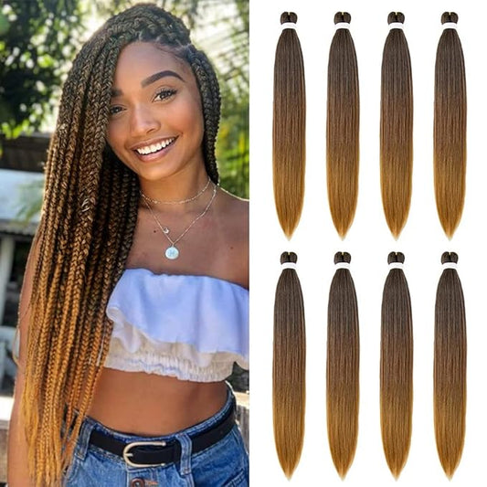 8 Pack Ombre Braiding Hair Pre Stretched - 30" 110G/Pack Premium Braiding Hair Extensions, Professional Itch Free Hot Water Setting Perm Yaki Texture Prestretched Hair(1B/30/27)
