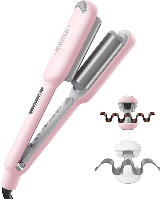 Curling Iron Hair Crimper Waver - TYMO ROVY Beach Waves Curling Wand, Ionic Deep Waver Hair Curler Tool with Ceramic 3 Barrel for Women, Dual Voltage, Anti-Scald, Easy to Use, Pink, 1 Inch
