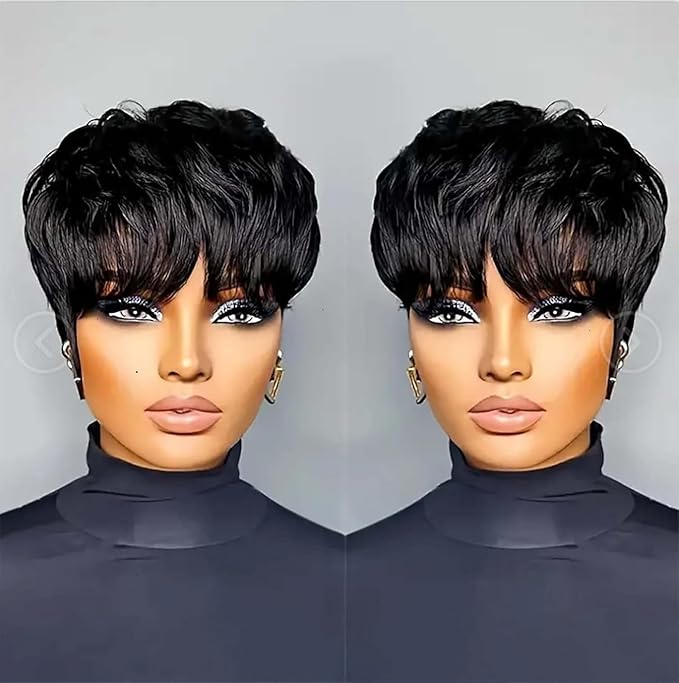 UMEGOOD Pixie Cut Wig Human Hair Pixie Cut Wigs for Black Women Glueless Short Layered Brazilian Virgin Human Hair Wigs For Women Natural Black Color