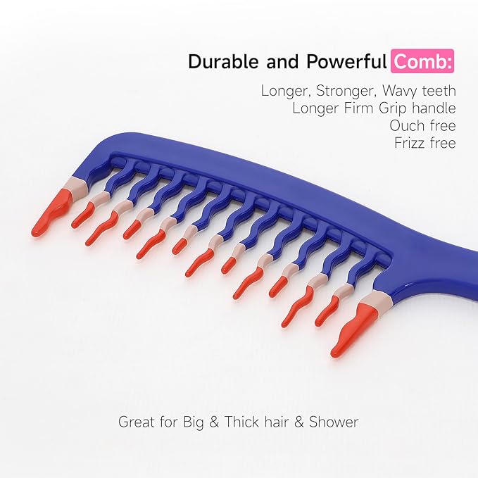 Big Hair Tools Extra Large Wide Tooth Comb for Thick, Curly, Wavy or Long Hair - Frizz-Free Detangling Shower Comb - Big Hair Comb and Microfiber Scrunchie