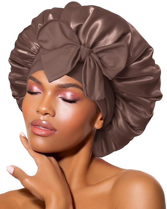 BONNET QUEEN Silk Bonnet for Sleeping Women Satin Bonnet Night Sleep Cap Wrap for Curly Hair with Adjustable Tie Band, Single Layer, Chocolate