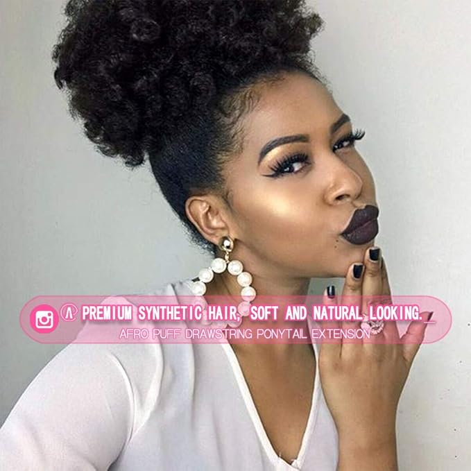 rosmile Afro Puff Drawstring Ponytail Extension for Black Women, Premium Black 1B# 80gram Short Synthetic Afro Puff Ponytail for Natural Hair,Clip On Kinky Drawstring Curly Ponytail Bun