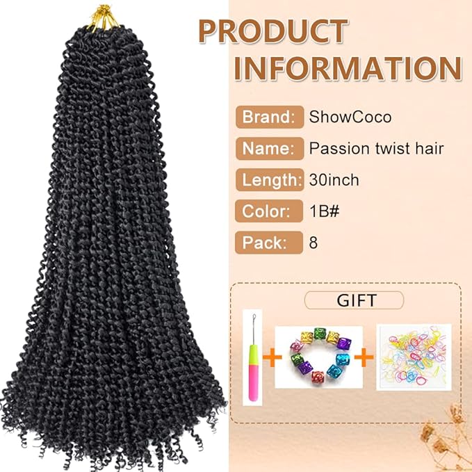 ShowCoco 8 Packs Passion Twist Hair 30 Inch Water Wave Crochet Hair For Passion Twist Crochet Braiding Hair Long Bohemian Hair Braiding Passion Twist Braids Synthetic Hair Extensions(30 Inch, #1B)