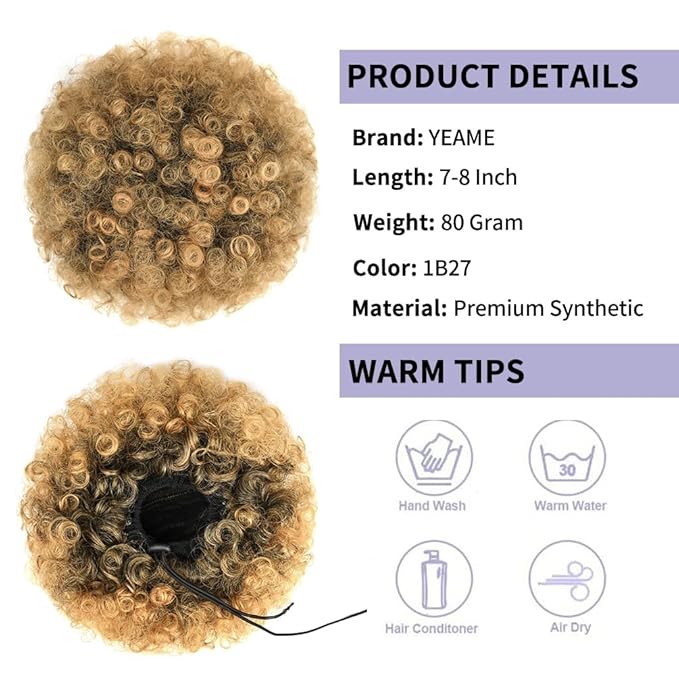 YEAME Afro Puff Drawstring Ponytail for Black Women, Short Kinky Curly Afro Ponytail Synthetic Hair Puffs, Black to Honey Brown Afro Bun Drawstring Ponytail for Women Girls (1B27 Black to Honey Brown)