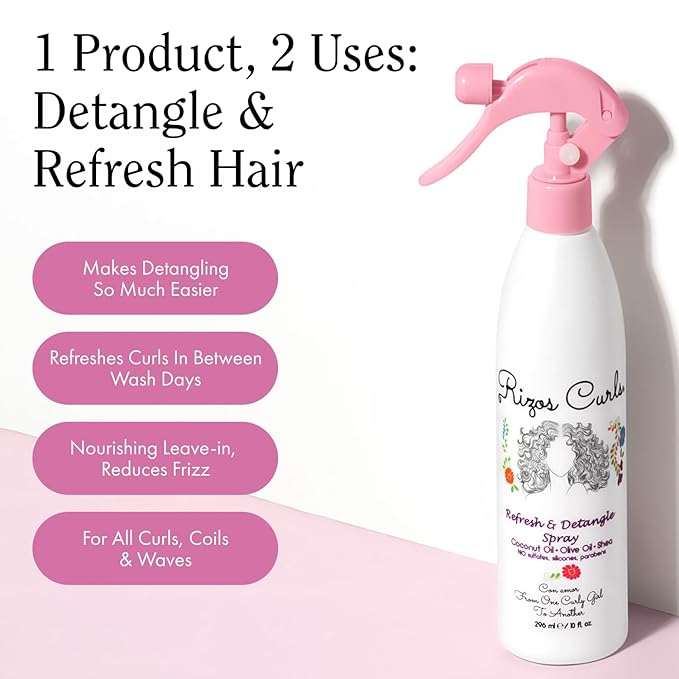 Rizos Curls Refresh & Detangle Spray – Detangling & Curl Leave-In with Coconut Oil – Nourishes, Hydrates & Controls Frizz for Every Curl Pattern – Adds Shine, 2a–4c Hair Types – Vegan & Cruelty-Free