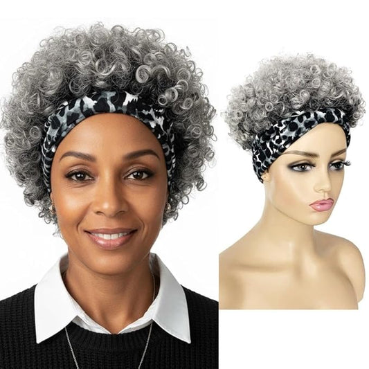 Afro Curly Wigs with Headbands for Black Women: Synthitic Kinky Puff Wigs, Drawstring Headwrap Hairstyles