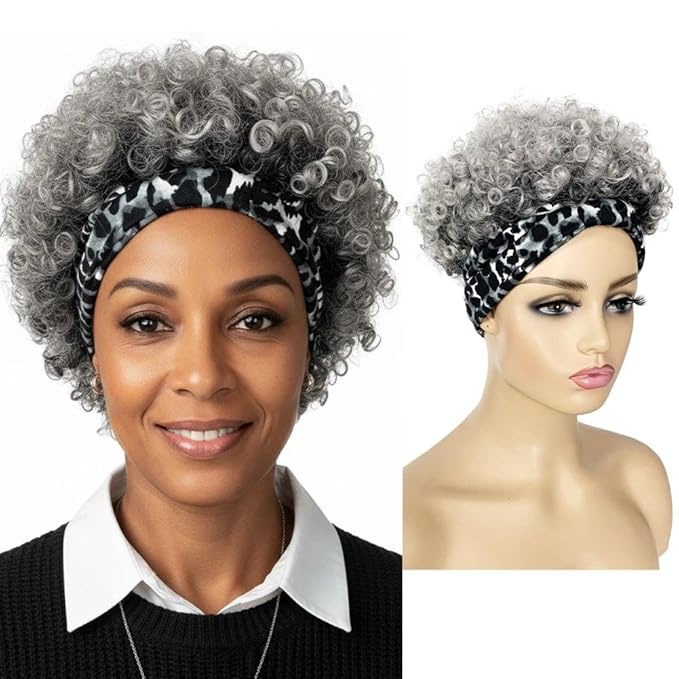 Afro Curly Wigs with Headbands for Black Women: Synthitic Kinky Puff Wigs, Drawstring Headwrap Hairstyles