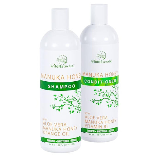 Manuka Honey Shampoo and Conditioner - Soothing Moisturizing Formula for Eczema, Psoriasis, Curly Hair, and Color-Safe - All Natural Set