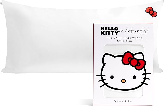 Kitsch x Hello Kitty Pillow Case Ivory – Toddler Bed Time Satin Pillowcase with Zipper – Soft Cooling Pillow Cover for Hair & Skin – Better Than Silk Pillowcase – King Size 19x36